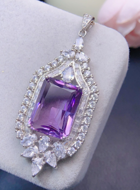 新款紫水晶吊坠神秘紫超闪切工，超大主石12*16mm，925银精工镶嵌