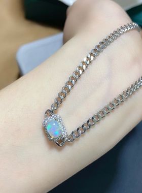 s925银镶简约欧泊手链女ins风个性潮嘻哈天然欧泊小众百搭高级