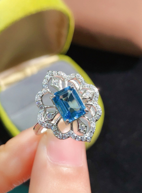 天然伦敦蓝托帕石戒指女晶体全净火彩爆闪精工银镶嵌支持检测