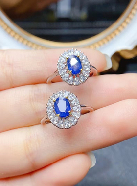 斯里兰卡天然原矿蓝宝石戒指大克拉宝石s925银镶天然钻石满火彩