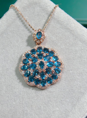 天然伦敦蓝托帕石吊坠 晶体全净火彩925银K金工艺精工镶嵌3*4MM