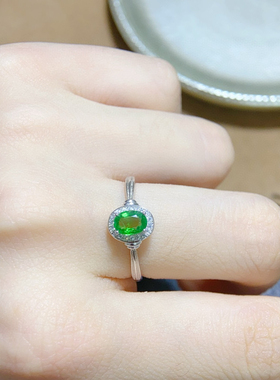 天然绿宝石沙弗来戒指主石4*6mm精工925银镶嵌开口戒指