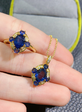 天然无烧蓝宝石吊坠戒指套装925纯银气质戴妃款时尚首饰2件套