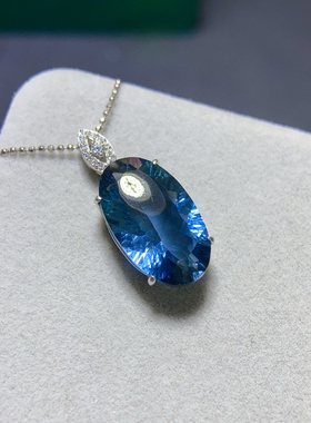 纯天然伦敦蓝蓝托帕石吊坠颜色超深的伦敦蓝11*19mm925银精工镶嵌