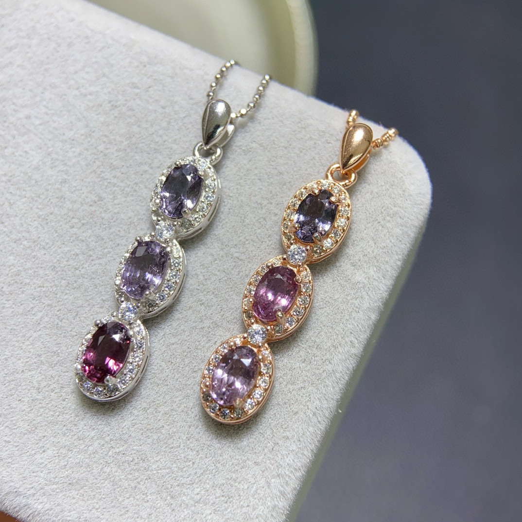 天然四季豆尖晶石吊坠 银镀18k金镶嵌彩色宝石项链 尖晶石