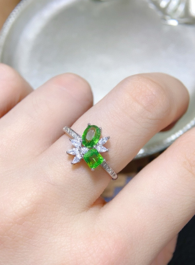 新款天然沙弗莱戒指925银镀金镶嵌开口戒指小清新个性