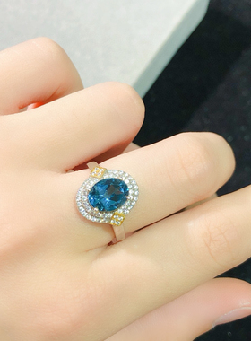 高品质天然伦敦蓝托帕石戒指女款925银日韩潮款蓝宝石水晶指环