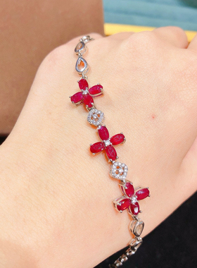 天然鸽血红宝石手链火彩闪耀颜色正 主石3*5mm s925纯银镶嵌