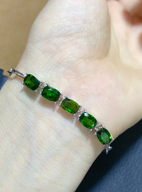 天然透辉石手链，晶体全净火彩爆闪，S925银精工镶嵌5*7mm