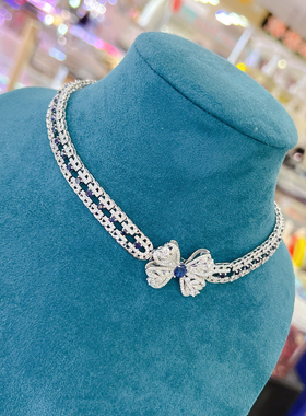 斯里兰卡轻奢新款精致优雅双层蝴蝶结甜美华丽风天然蓝宝石项链
