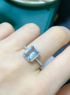 2024新款天然海蓝宝长方形戒指6*8mm长方形公主戒指 时尚订婚指环