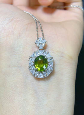 绿碧玺项链天然宝石吊坠s925纯银戴妃款时尚日韩百搭绿色宝石女