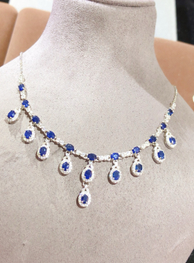 天然斯里兰卡蓝宝石项链锁骨链 925银镀18K白金镶嵌在石3*4mm豪华