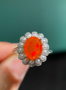 绚丽火欧泊戒指，晶体干净，主石8*10mm，S925银精工镶嵌