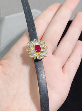 奢华重工镶钻天然红宝石手表带高级感腕带皮手链贝珠首饰女