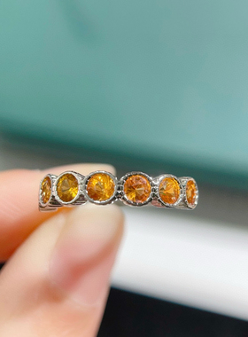 天然黄蓝宝戒指开口可调节小排戒s925纯银镶嵌3mm女不挑指围