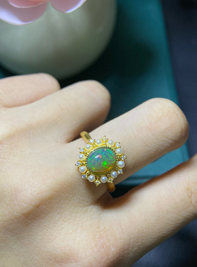 天然炫彩黑欧泊戒指都是满满的火彩大主石6*8mm 925纯银精工镶嵌