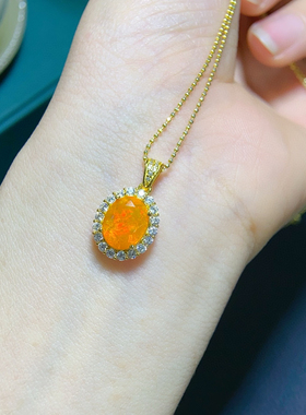 绚丽火欧泊吊坠，晶体干净色彩明亮主石8*10mm，S925银精工镶嵌