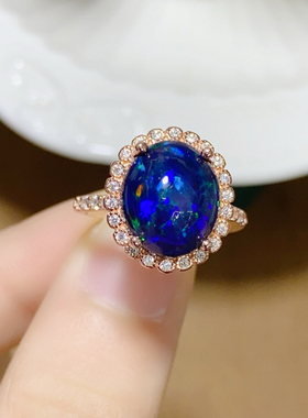 天然黑欧泊戒指女s925银镶嵌钻石彩色宝石珠宝首饰指环女礼物