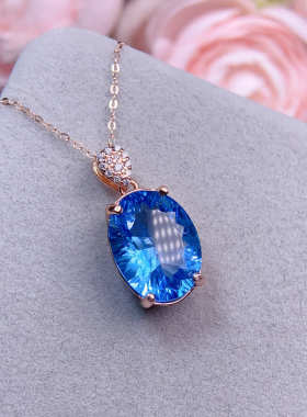 高品质天然伦敦蓝托帕石吊坠女925银日韩简约宝石项坠
