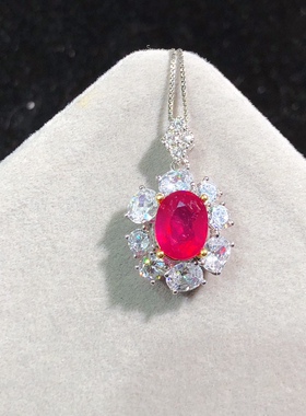 泰国宝石新烧红宝石吊坠，晶体全净火彩爆闪，S925银精工镶嵌7*9
