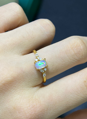 银镀18K金镶嵌天然欧泊戒指女彩宝澳宝石椭圆蛋面钻石指环时尚