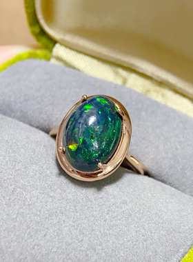 10x14简易四爪黑色欧泊镶嵌戒指弦彩七彩宝石变彩银饰品纯银银饰