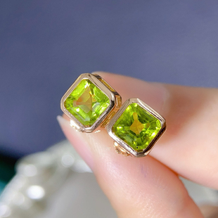 镶嵌宝石耳饰银托 女款 925银天然橄榄石耳钉 方形6mm