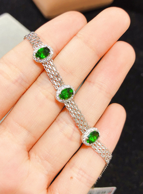 天然透辉石手链女银镶嵌时尚通勤款彩色宝石钻石手链手镯女