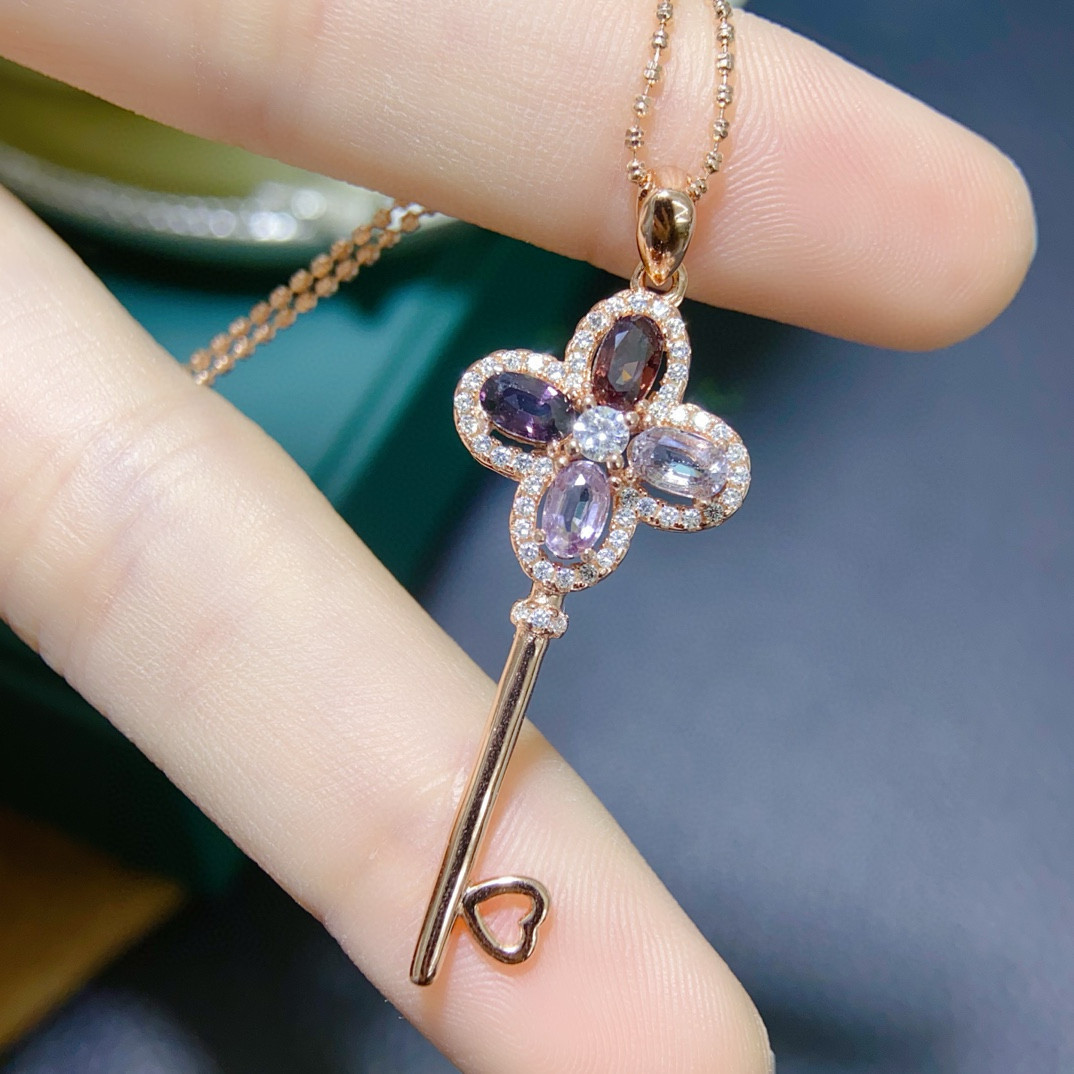 银镀18K彩金皇冠钥匙项链缅甸尖晶石吊坠钥匙吊坠珠宝定制
