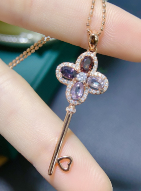 银镀18K彩金皇冠钥匙项链缅甸尖晶石吊坠钥匙吊坠珠宝定制