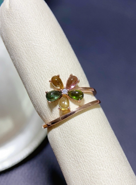 天然碧玺戒指女银镀18k金镶嵌彩色宝石时尚个性小众设计高级感