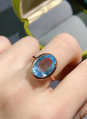 纯天然蓝托帕石戒指全净体品质火彩超赞10*14mm925银镶嵌