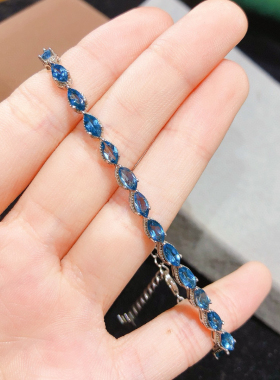 特惠新款伦敦蓝托帕石手链925银镀白金精工镶嵌简约手链满链