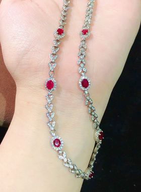 鸽血红宝石项链银镀18K金天然红宝石锁骨链 简约百搭小款红挂坠