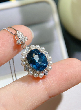 蓝托帕石项链天然蓝吊坠蓝色天然彩宝纯银2024年新款百搭时尚