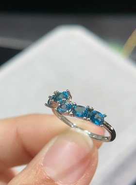 纯天然伦敦蓝托帕石戒指通透5A级宝石925银镶嵌厚重用银