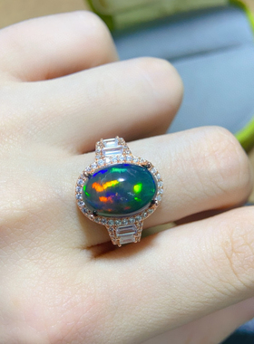 纯天然黑欧泊戒指925银镀18K玫瑰金镶嵌颜色搭配极美超赞火彩