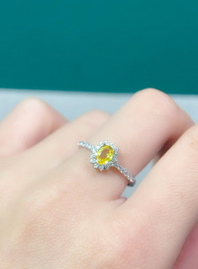 天然黄蓝宝戒指晶体全净火彩爆闪S925银精工镶嵌4*6 mm