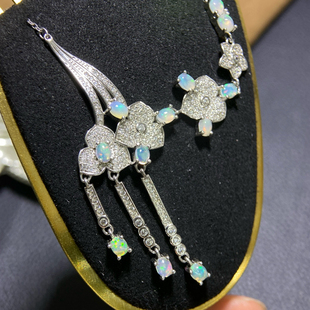 送女友礼物 百搭款 s925银镶嵌天然欧泊吊坠项链套装 时尚