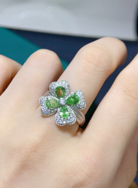 轻奢华丽款天然沙弗来戒指镶嵌宝石首饰时尚花朵彩宝戒指