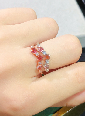 轻奢大气3mm天然碧玺排戒女戒S925纯银镶嵌颜色红超美秒