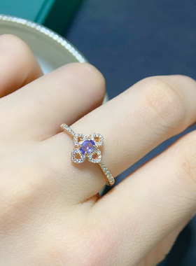 银镀18K玫瑰金色天然坦桑石戒指女款彩宝镶嵌时尚个性小众设计感