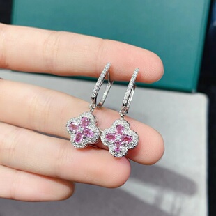 纯天然粉蓝宝耳坠可鉴定925纯银镶嵌耳钉防时尚 百搭日韩耳坠