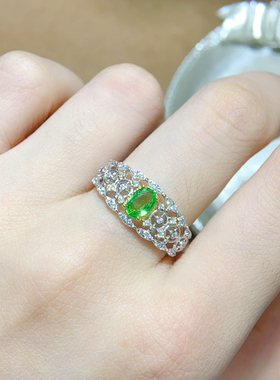 泰国宝石 天然沙弗来戒指女银镀18k金钻石镶嵌钻戒绿宝石定制