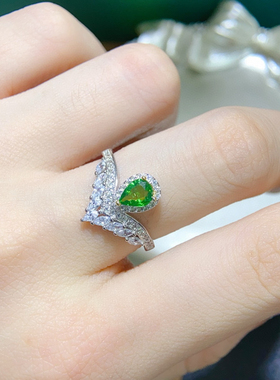 天然沙弗来戒指 珠宝私人定制 水滴形宝石 银镀18K金镶嵌 精工