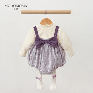modomoma婴幼儿套装秋冬公主女宝保暖丝绒吊带哈衣洋气网纱打底衫
