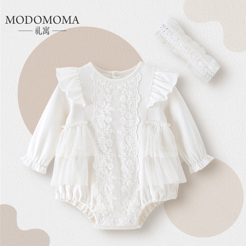 婴儿衣服秋装女宝宝连体衣公主满月百天哈衣包屁衣蕾丝网纱边爬服