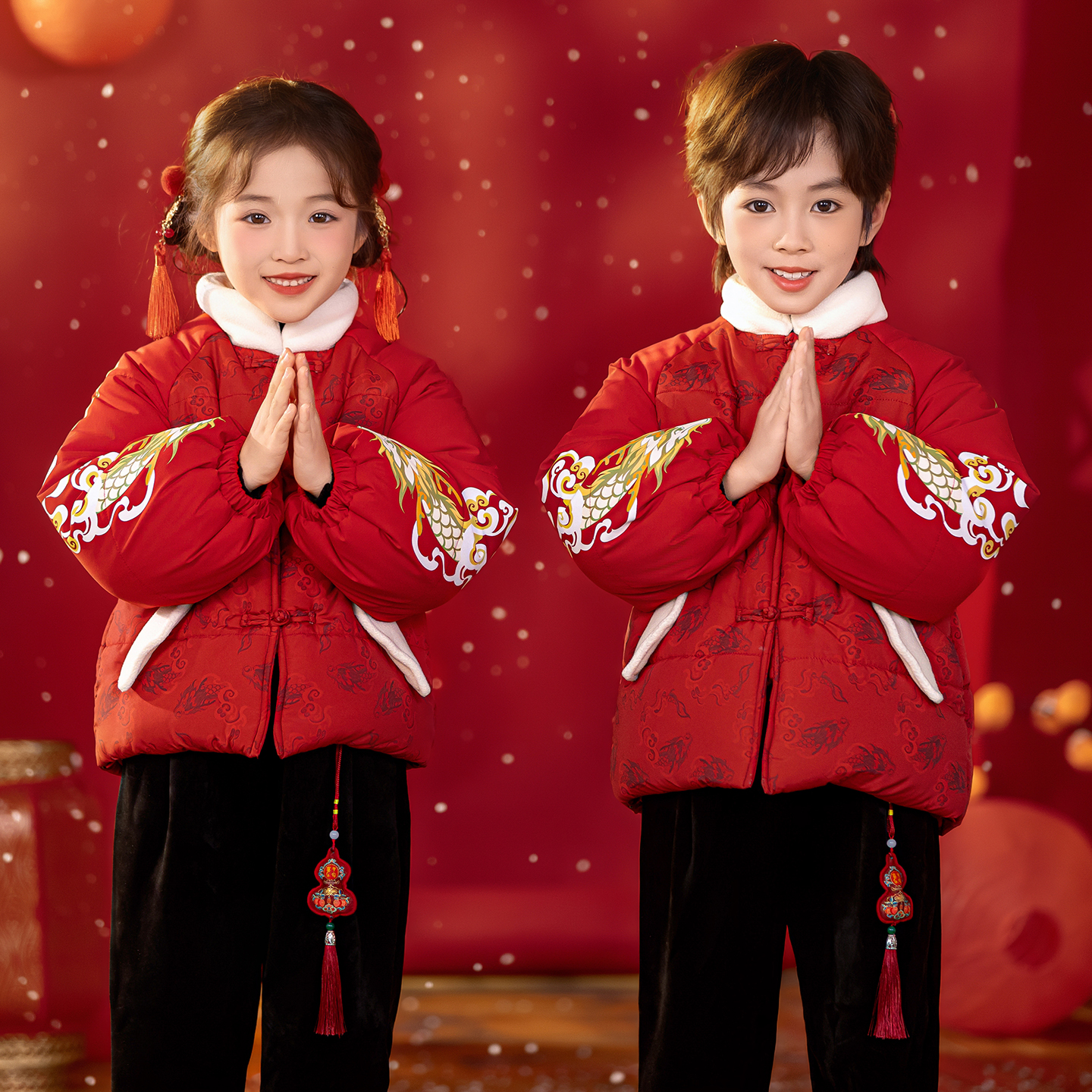男童棉服冬季儿童红色拜年服2026女童国风棉衣加厚新年装过年衣服