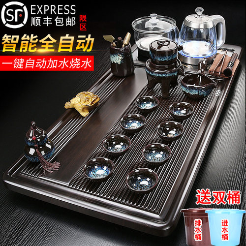 带蓝光实木茶盘茶具套组一体家用大茶台玻璃烧水壶底部全自动上水